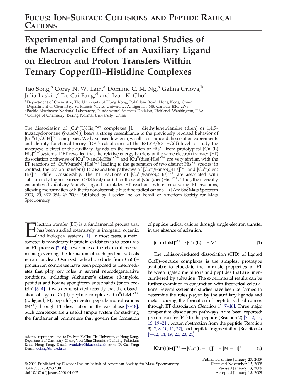 Experimental and Computational Studies of the Macrocyclic Effect of an Auxiliary Ligand on Electron and Proton Transfers Within Ternary Copper(II)–Histidine Complexes 
