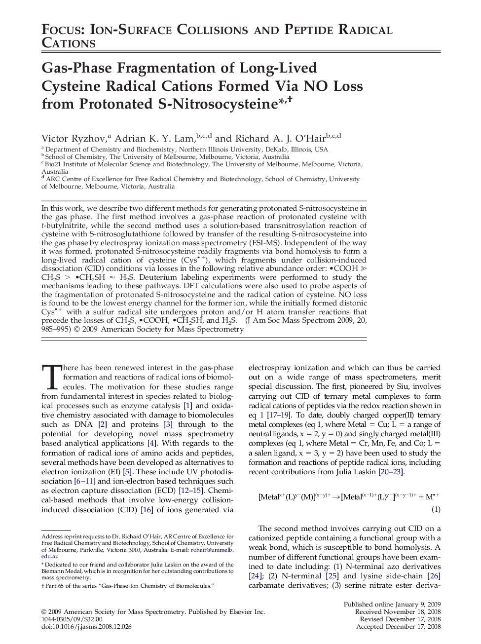 Gas-Phase Fragmentation of Long-Lived Cysteine Radical Cations Formed Via NO Loss from Protonated S-Nitrosocysteine⁎† 