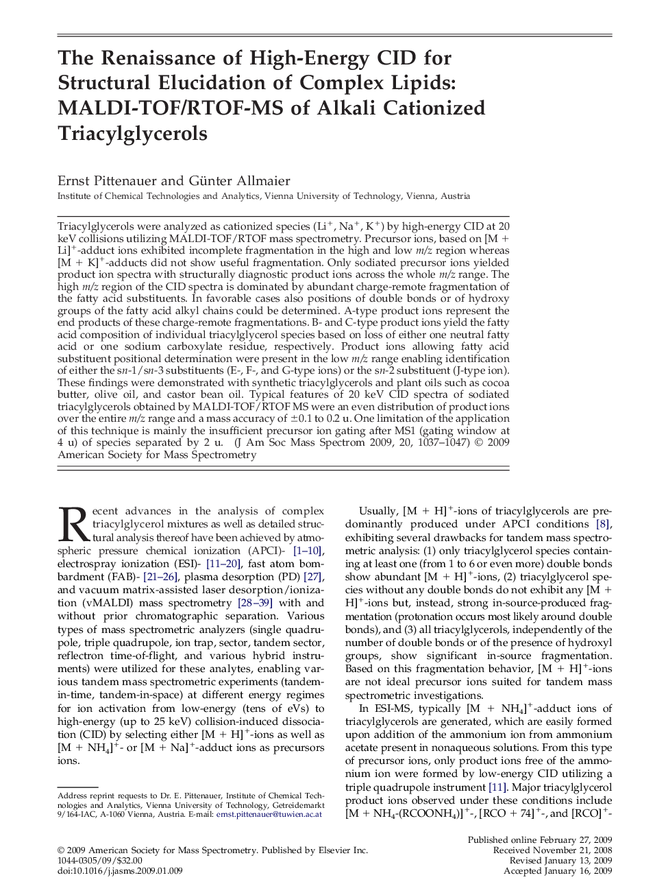 The Renaissance of High-Energy CID for Structural Elucidation of Complex Lipids: MALDI-TOF/RTOF-MS of Alkali Cationized Triacylglycerols 