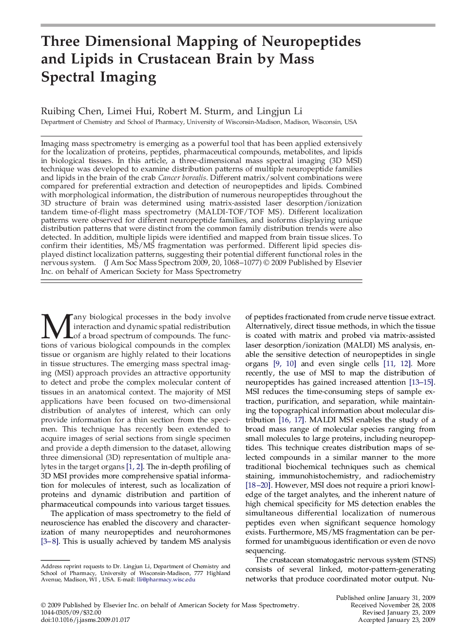 Three Dimensional Mapping of Neuropeptides and Lipids in Crustacean Brain by Mass Spectral Imaging 