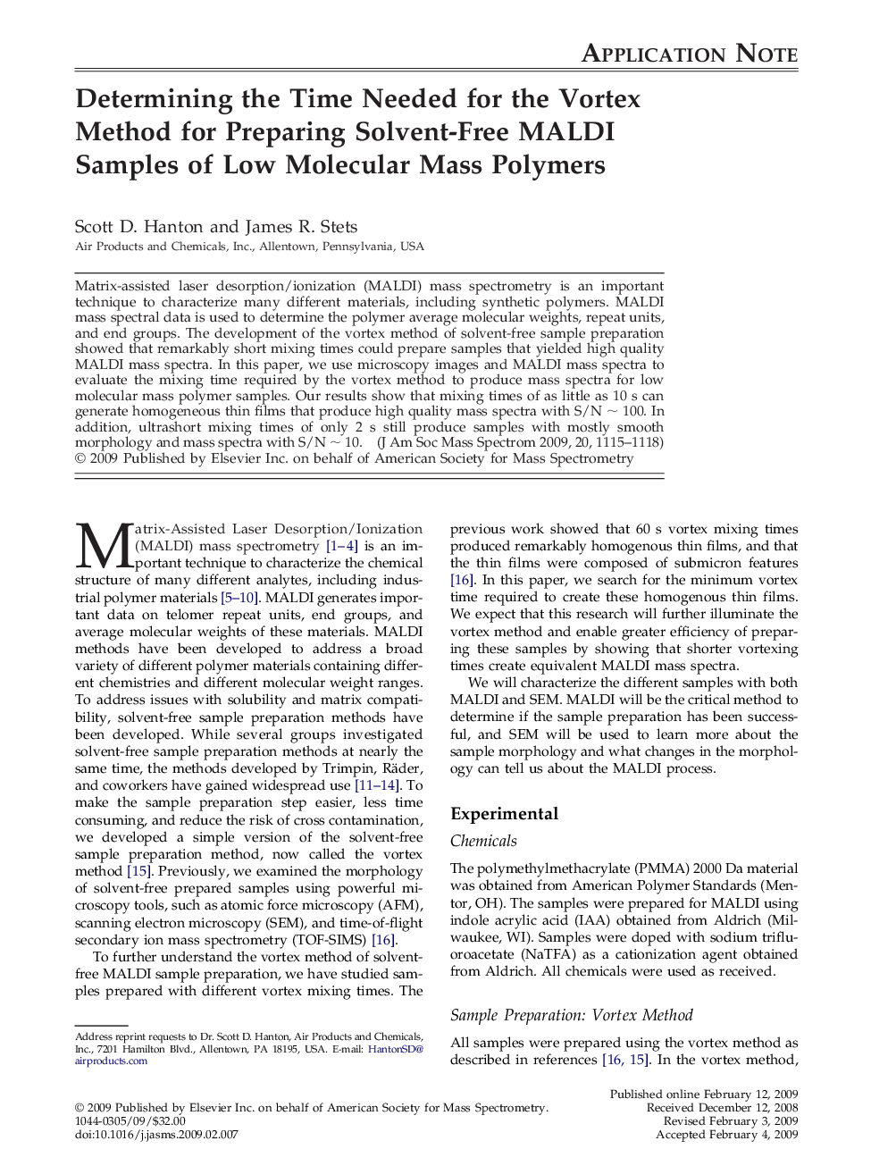 Determining the Time Needed for the Vortex Method for Preparing Solvent-Free MALDI Samples of Low Molecular Mass Polymers 