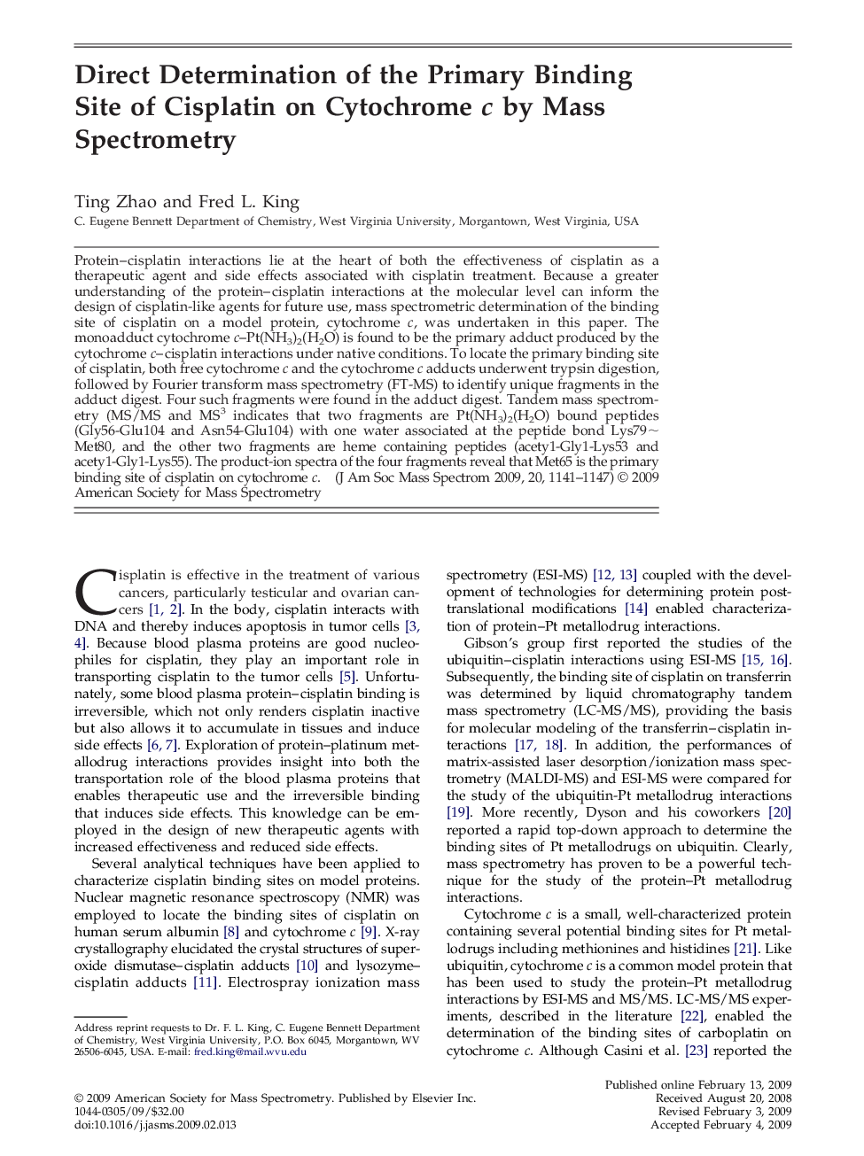Direct Determination of the Primary Binding Site of Cisplatin on Cytochrome c by Mass Spectrometry 