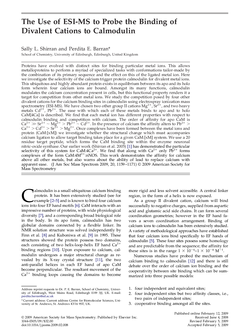 The Use of ESI-MS to Probe the Binding of Divalent Cations to Calmodulin 