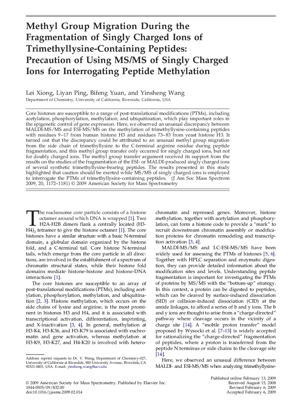عکس صفحه اول مقاله: Methyl Group Migration During the Fragmentation of Singly Charged Ions of Trimethyllysine-Containing Peptides: Precaution of Using MS/MS of Singly Charged Ions for Interrogating Peptide Methylation Methyl Group Migration During the Fragmentation of Singly Charged Ions of Trimethyllysine-Containing Peptides: Precaution of Using MS/MS of Singly Charged Ions for Interrogating Peptide Methylation