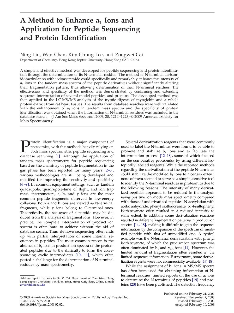 A Method to Enhance a1 Ions and Application for Peptide Sequencing and Protein Identification 