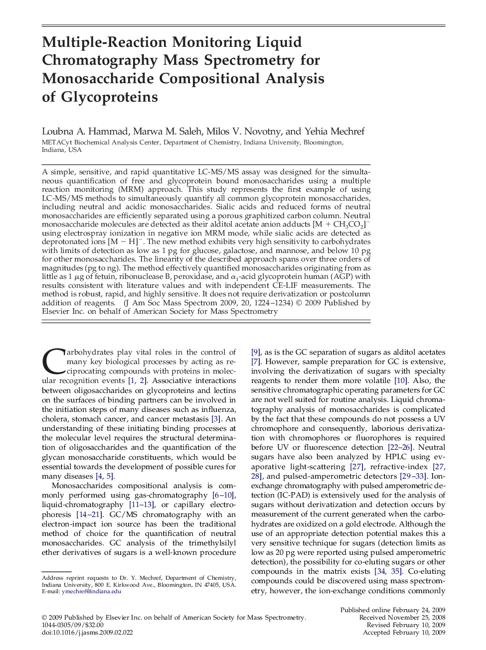 Multiple-Reaction Monitoring Liquid Chromatography Mass Spectrometry for Monosaccharide Compositional Analysis of Glycoproteins 