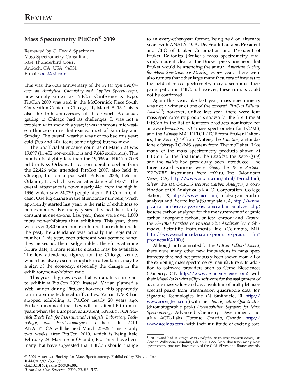 Mass Spectrometry PittCon® 2009