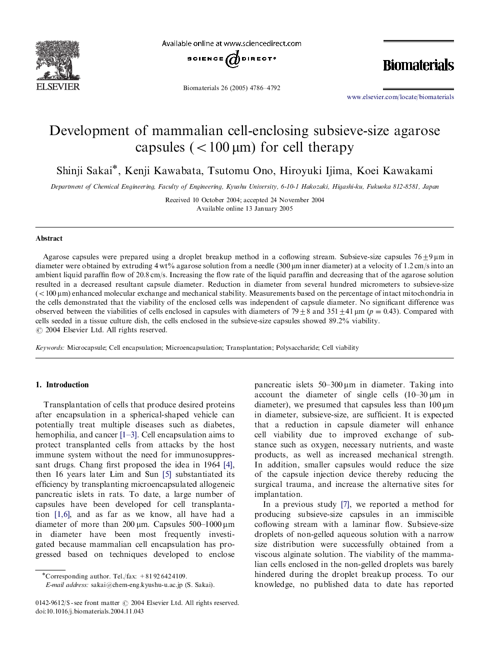 Development of mammalian cell-enclosing subsieve-size agarose capsules (<100 μm) for cell therapy