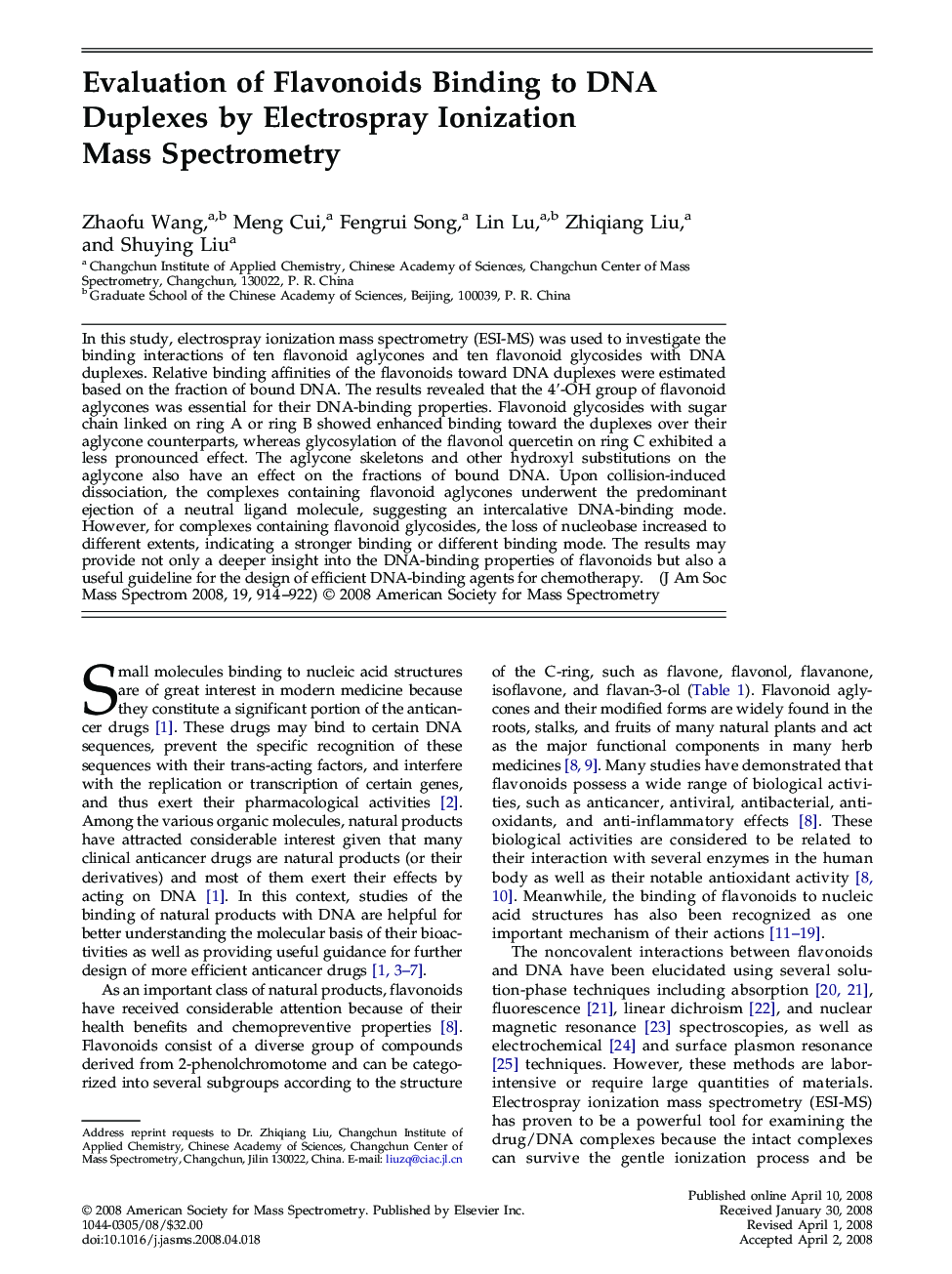 Evaluation of Flavonoids Binding to DNA Duplexes by Electrospray Ionization Mass Spectrometry 