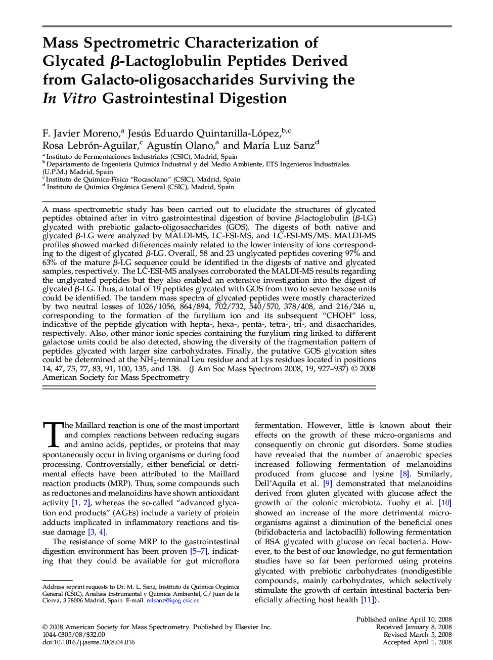 Mass Spectrometric Characterization of Glycated β-Lactoglobulin Peptides Derived from Galacto-oligosaccharides Surviving the In Vitro Gastrointestinal Digestion 