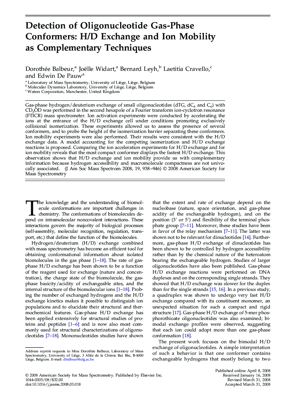 Detection of Oligonucleotide Gas-Phase Conformers: H/D Exchange and Ion Mobility as Complementary Techniques 