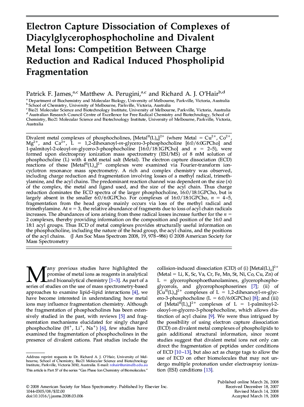 Electron Capture Dissociation of Complexes of Diacylglycerophosphocholine and Divalent Metal Ions: Competition Between Charge Reduction and Radical Induced Phospholipid Fragmentation 
