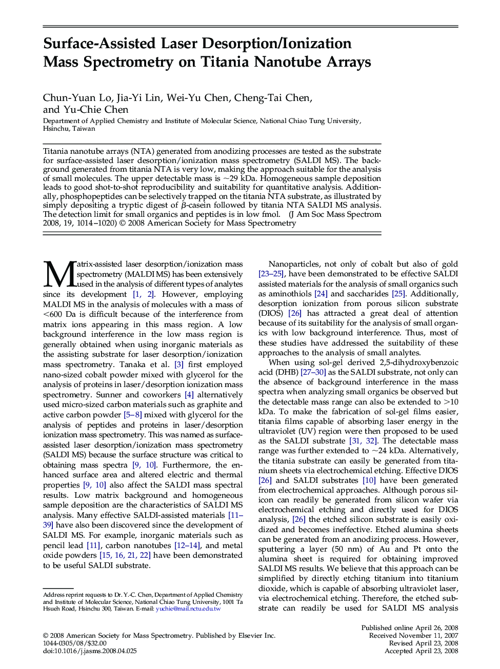 Surface-Assisted Laser Desorption/Ionization Mass Spectrometry on Titania Nanotube Arrays 