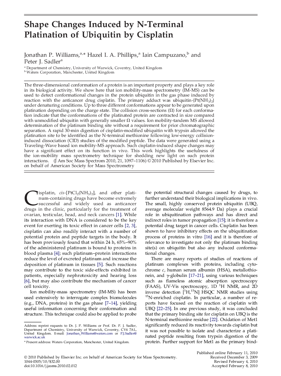 Shape Changes Induced by N-Terminal Platination of Ubiquitin by Cisplatin 