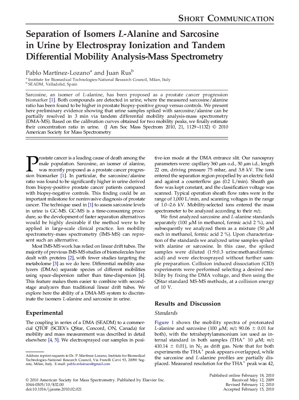 Separation of Isomers L-Alanine and Sarcosine in Urine by Electrospray Ionization and Tandem Differential Mobility Analysis-Mass Spectrometry 