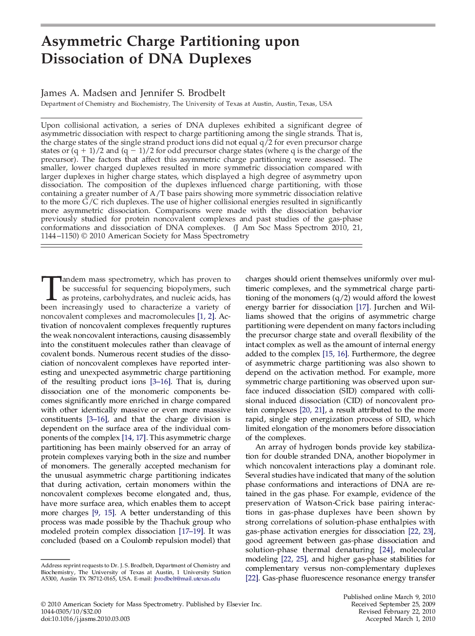 Asymmetric Charge Partitioning upon Dissociation of DNA Duplexes 