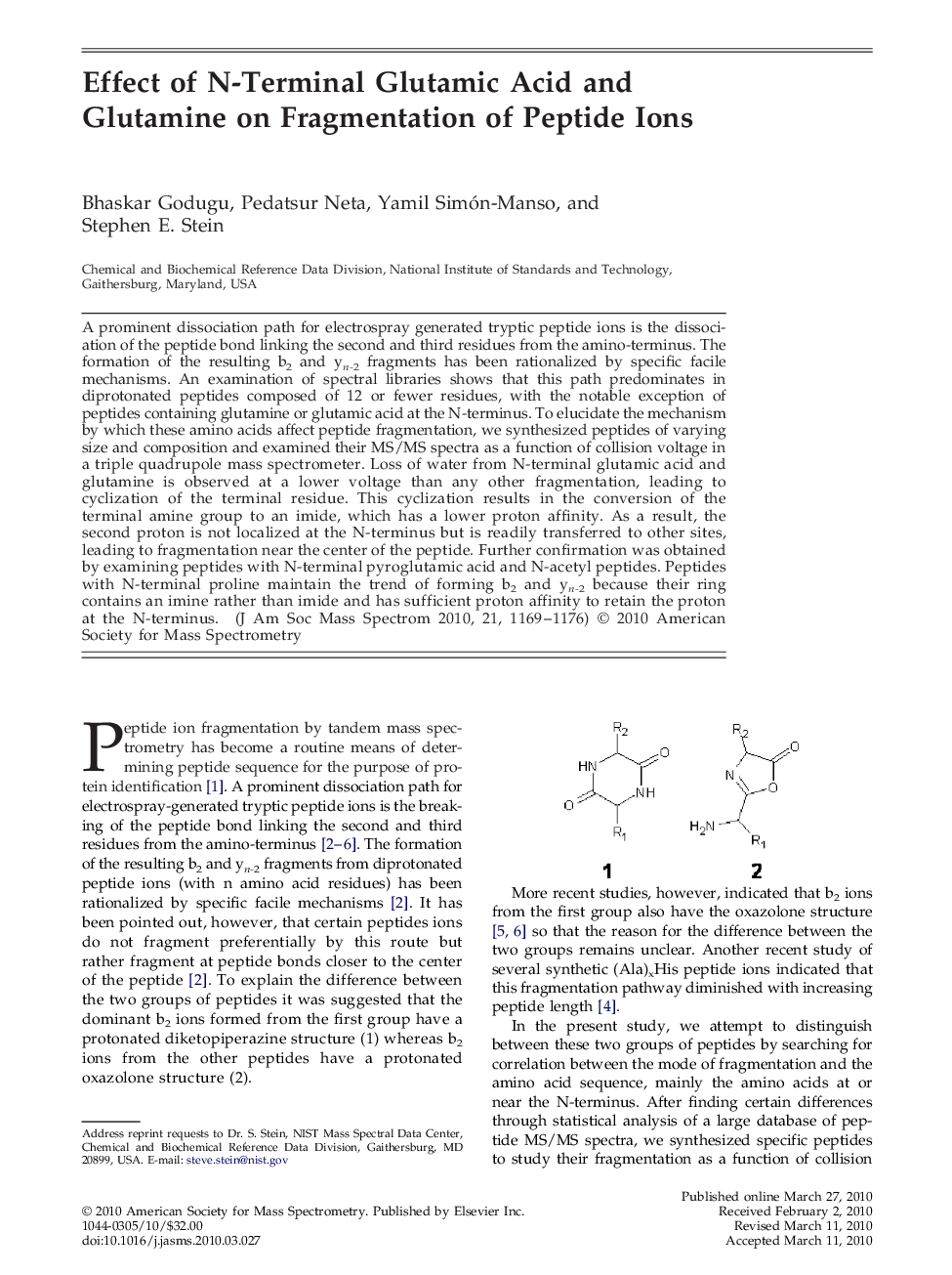 Effect of N-Terminal Glutamic Acid and Glutamine on Fragmentation of Peptide Ions 