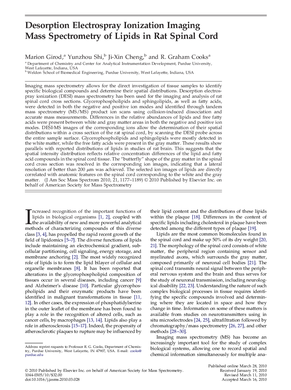 Desorption Electrospray Ionization Imaging Mass Spectrometry of Lipids in Rat Spinal Cord 