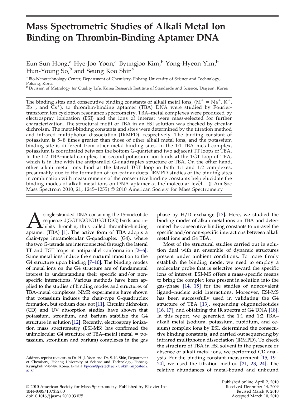 Mass Spectrometric Studies of Alkali Metal Ion Binding on Thrombin-Binding Aptamer DNA 
