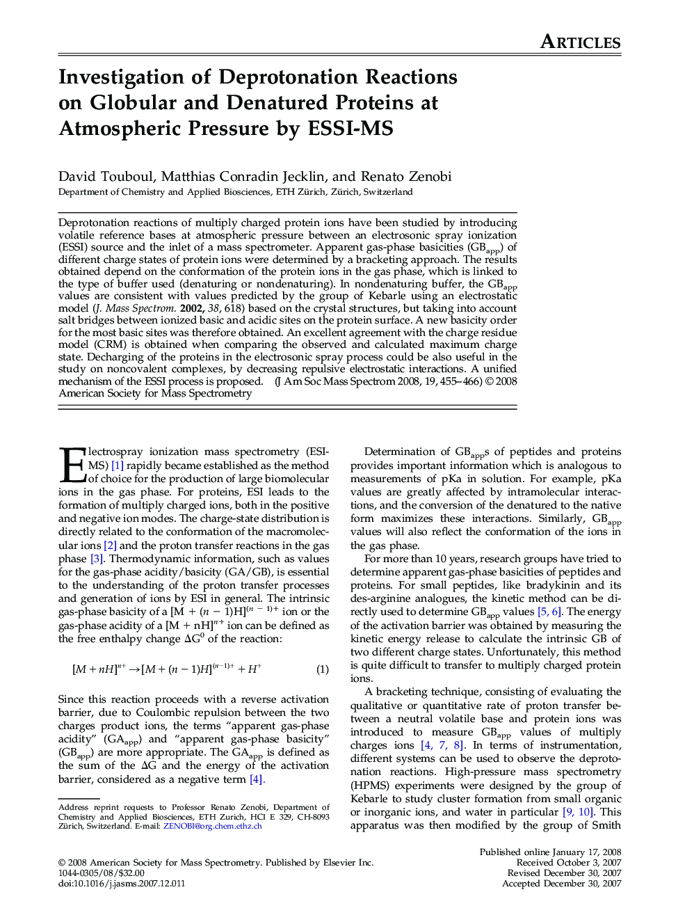 Investigation of Deprotonation Reactions on Globular and Denatured Proteins at Atmospheric Pressure by ESSI-MS 
