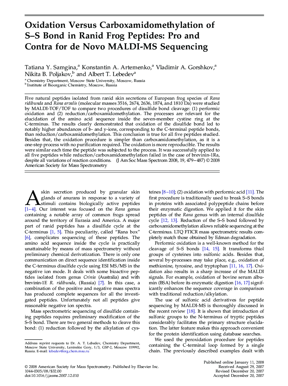 Oxidation Versus Carboxamidomethylation of S–S Bond in Ranid Frog Peptides: Pro and Contra for de Novo MALDI-MS Sequencing 