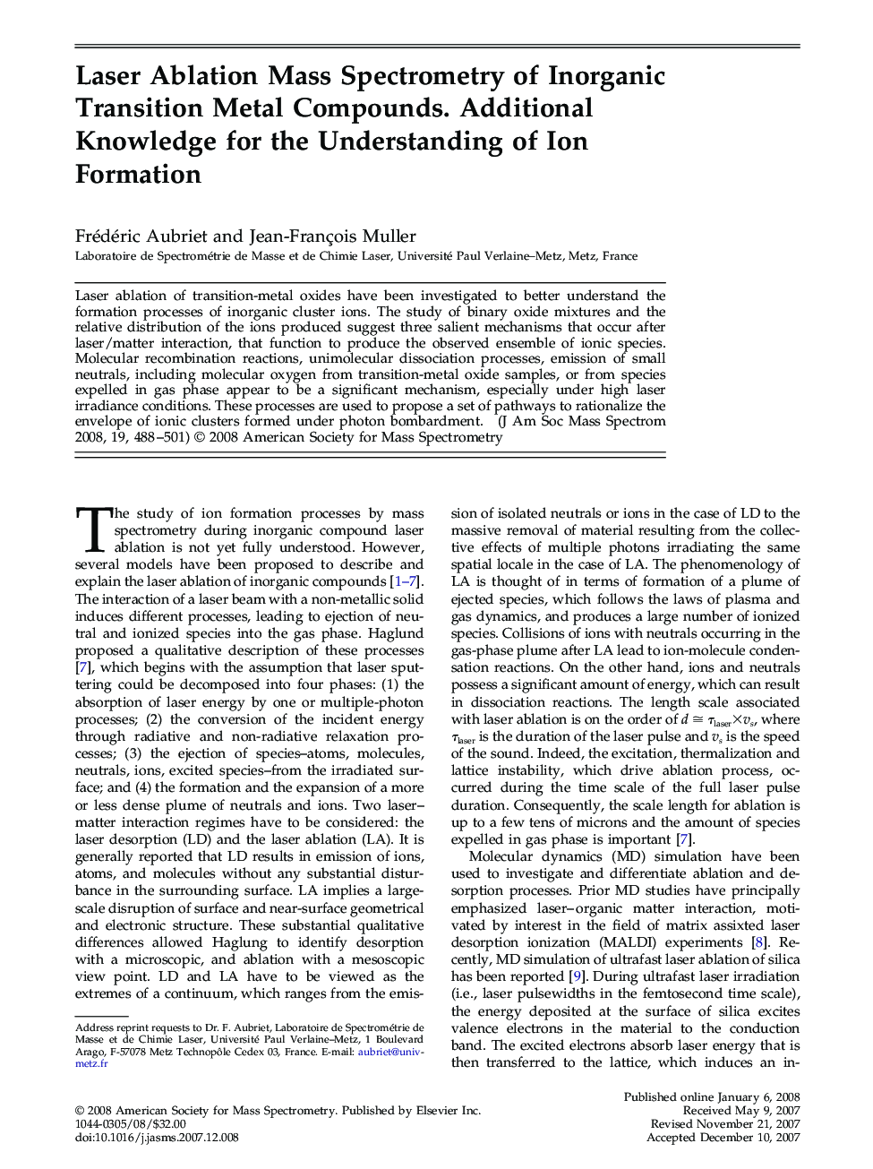 عکس صفحه اول مقاله: Laser Ablation Mass Spectrometry of Inorganic Transition Metal Compounds. Additional Knowledge for the Understanding of Ion Formation Laser Ablation Mass Spectrometry of Inorganic Transition Metal Compounds. Additional Knowledge for the Understanding of Ion Formation