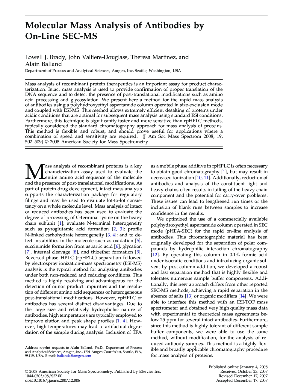 عکس صفحه اول مقاله: Molecular Mass Analysis of Antibodies by On-Line SEC-MS Molecular Mass Analysis of Antibodies by On-Line SEC-MS