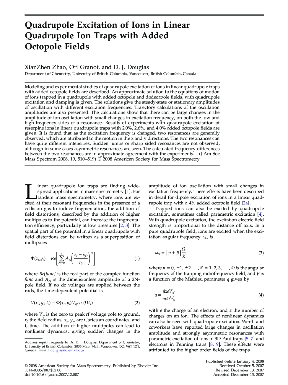 Quadrupole Excitation of Ions in Linear Quadrupole Ion Traps with Added Octopole Fields 