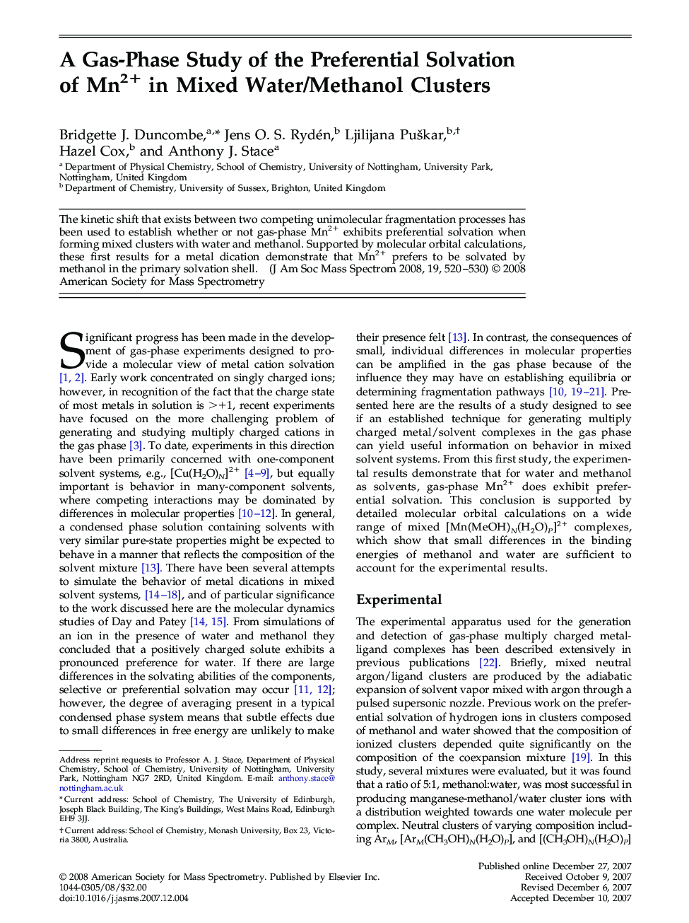 عکس صفحه اول مقاله: A Gas-Phase Study of the Preferential Solvation of Mn2+ in Mixed Water/Methanol Clusters A Gas-Phase Study of the Preferential Solvation of Mn2+ in Mixed Water/Methanol Clusters