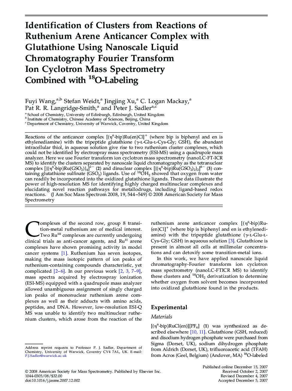 Identification of Clusters from Reactions of Ruthenium Arene Anticancer Complex with Glutathione Using Nanoscale Liquid Chromatography Fourier Transform Ion Cyclotron Mass Spectrometry Combined with 18O-Labeling 