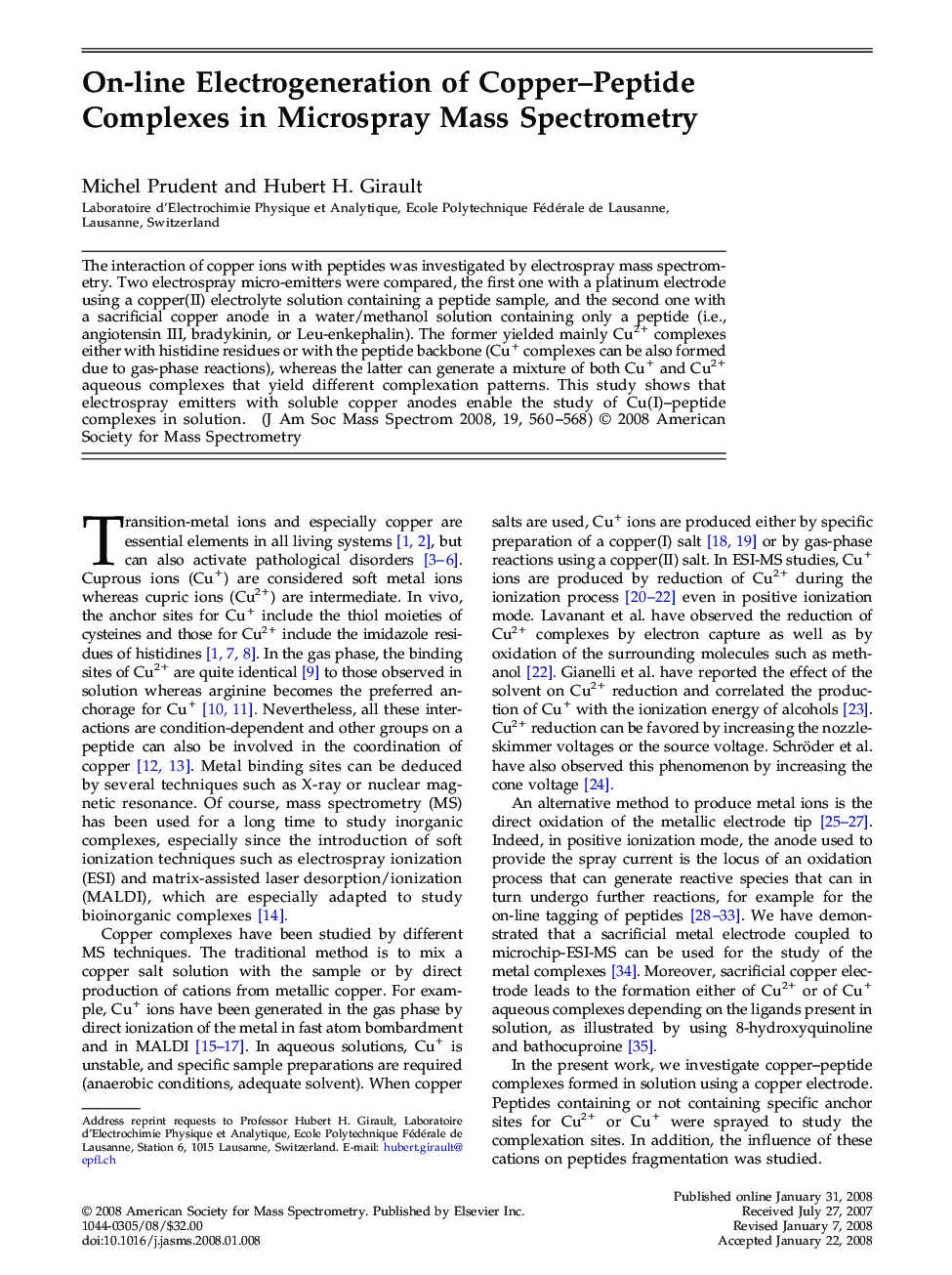 On-line Electrogeneration of Copper–Peptide Complexes in Microspray Mass Spectrometry 