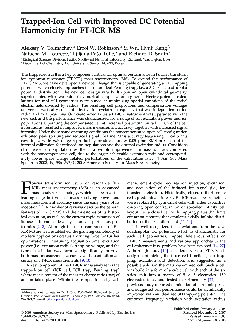 Trapped-Ion Cell with Improved DC Potential Harmonicity for FT-ICR MS 