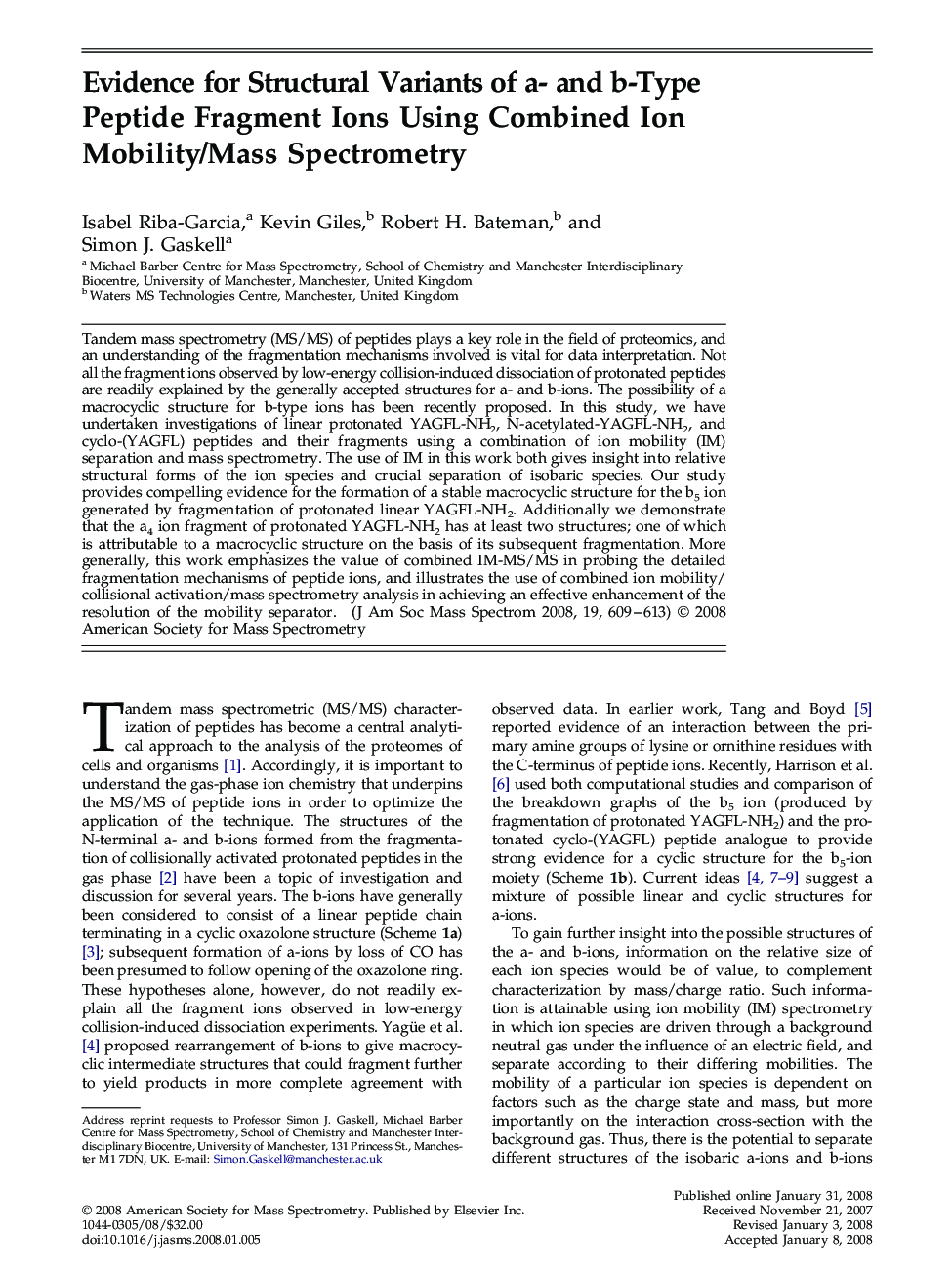 عکس صفحه اول مقاله: Evidence for Structural Variants of a- and b-Type Peptide Fragment Ions Using Combined Ion Mobility/Mass Spectrometry Evidence for Structural Variants of a- and b-Type Peptide Fragment Ions Using Combined Ion Mobility/Mass Spectrometry