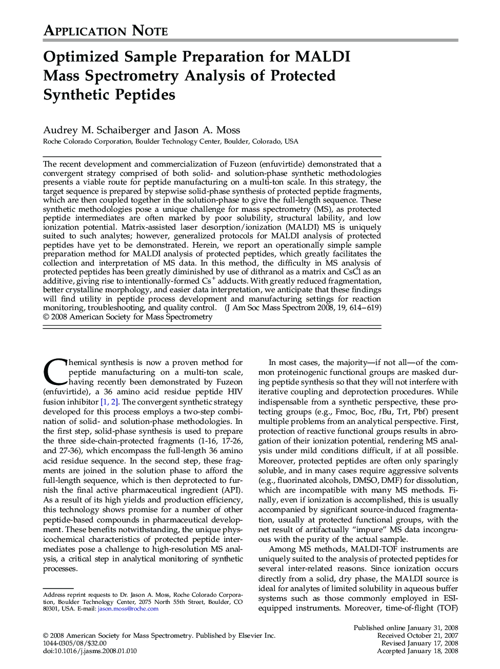 Optimized Sample Preparation for MALDI Mass Spectrometry Analysis of Protected Synthetic Peptides 