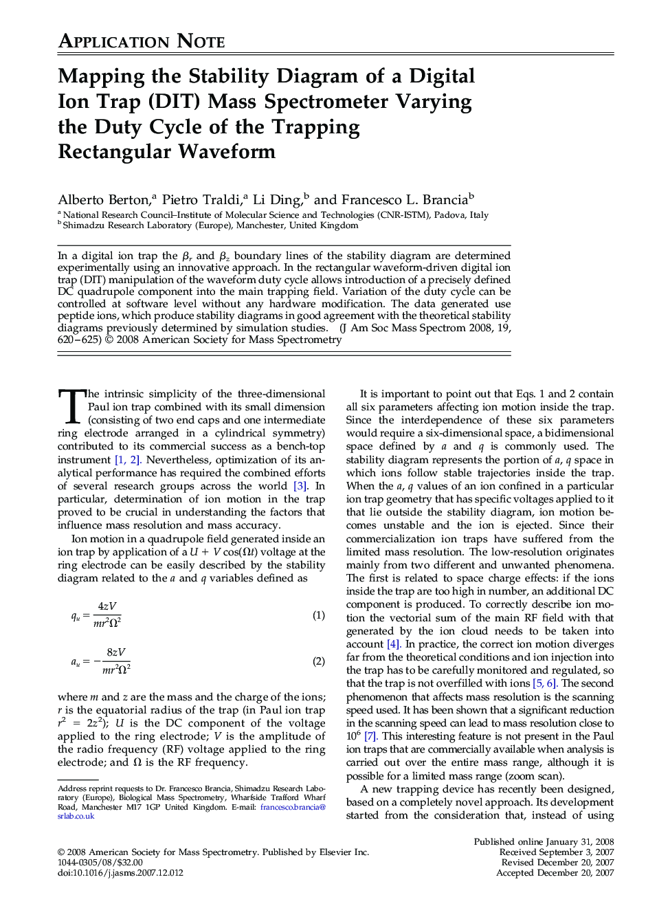 Mapping the Stability Diagram of a Digital Ion Trap (DIT) Mass Spectrometer Varying the Duty Cycle of the Trapping Rectangular Waveform 