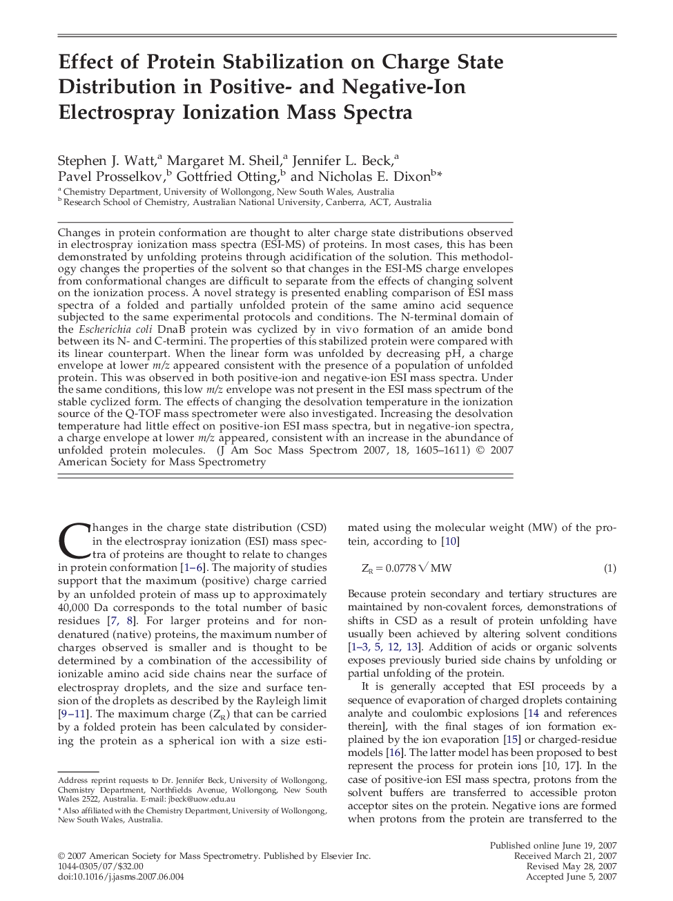 Effect of Protein Stabilization on Charge State Distribution in Positive- and Negative-Ion Electrospray Ionization Mass Spectra 