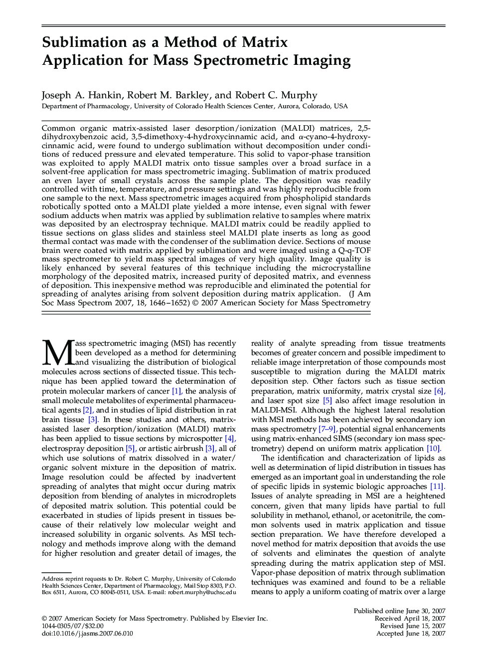 Sublimation as a Method of Matrix Application for Mass Spectrometric Imaging 