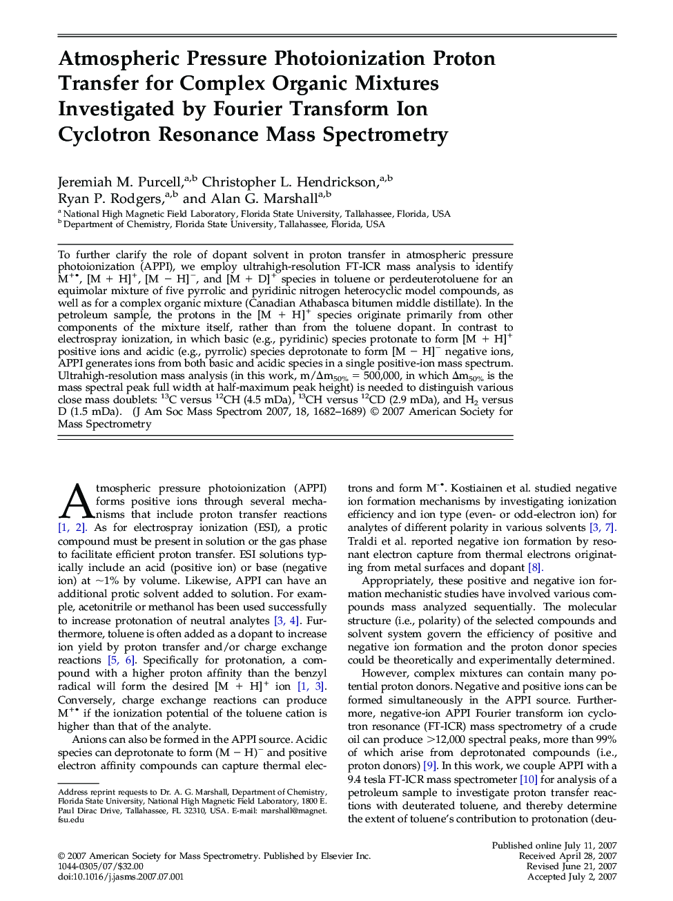 Atmospheric Pressure Photoionization Proton Transfer for Complex Organic Mixtures Investigated by Fourier Transform Ion Cyclotron Resonance Mass Spectrometry 