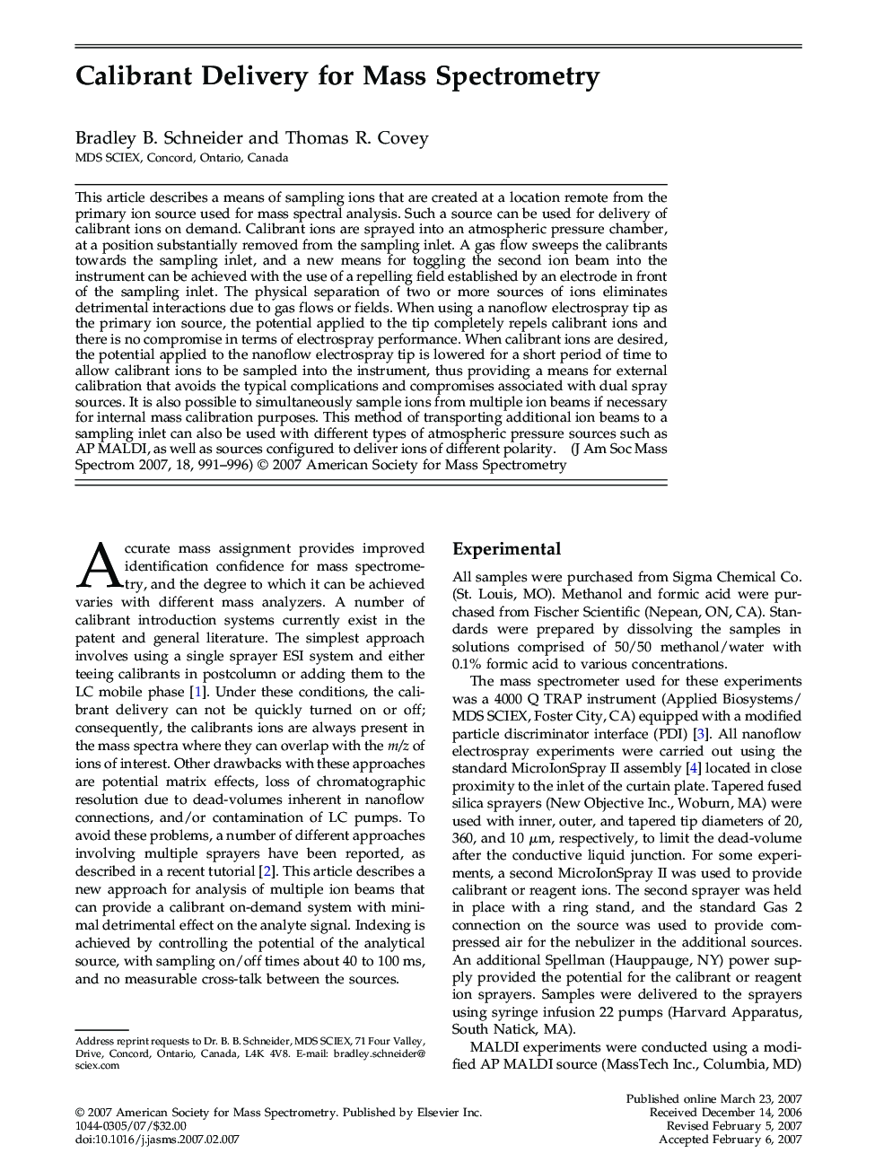 Calibrant Delivery for Mass Spectrometry 