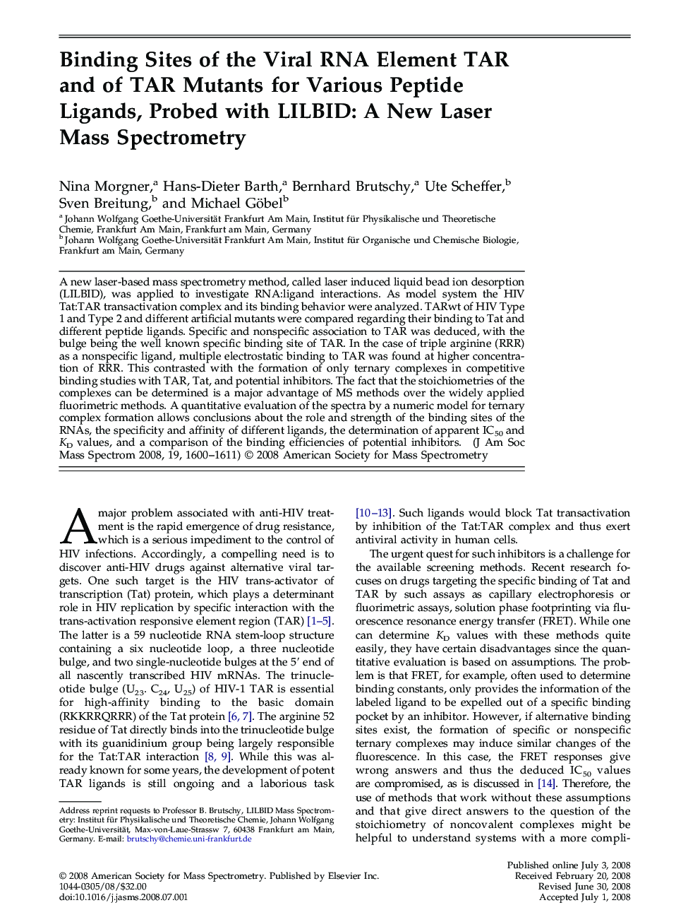 Binding Sites of the Viral RNA Element TAR and of TAR Mutants for Various Peptide Ligands, Probed with LILBID: A New Laser Mass Spectrometry 