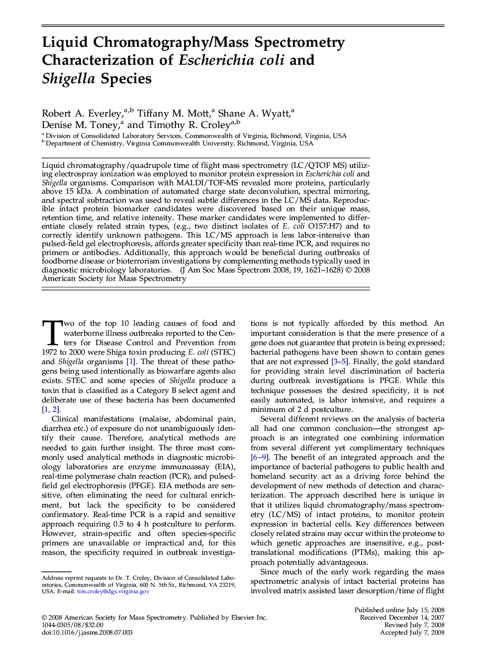 Liquid Chromatography/Mass Spectrometry Characterization of Escherichia coli and Shigella Species 