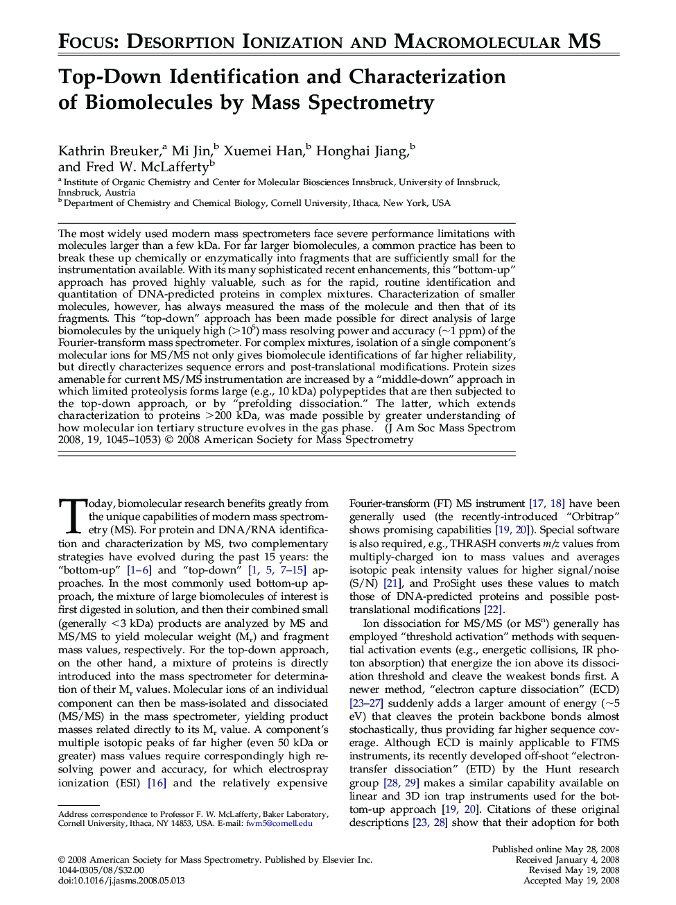 Top-Down Identification and Characterization of Biomolecules by Mass Spectrometry 