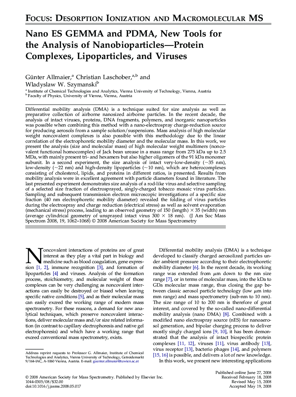 Nano ES GEMMA and PDMA, New Tools for the Analysis of Nanobioparticles—Protein Complexes, Lipoparticles, and Viruses 