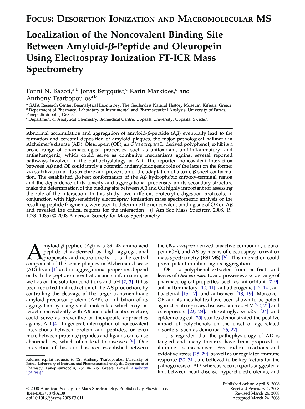 Localization of the Noncovalent Binding Site Between Amyloid-β-Peptide and Oleuropein Using Electrospray Ionization FT-ICR Mass Spectrometry 