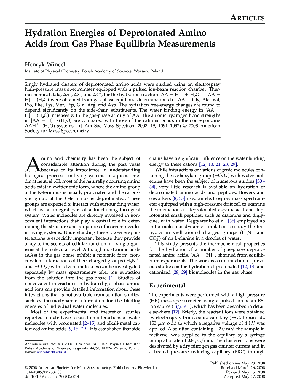 Hydration Energies of Deprotonated Amino Acids from Gas Phase Equilibria Measurements 