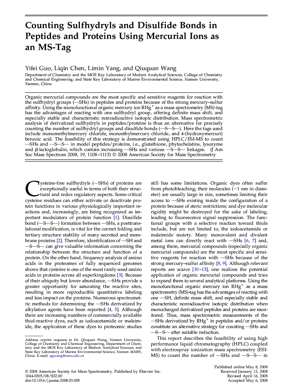 Counting Sulfhydryls and Disulfide Bonds in Peptides and Proteins Using Mercurial Ions as an MS-Tag 