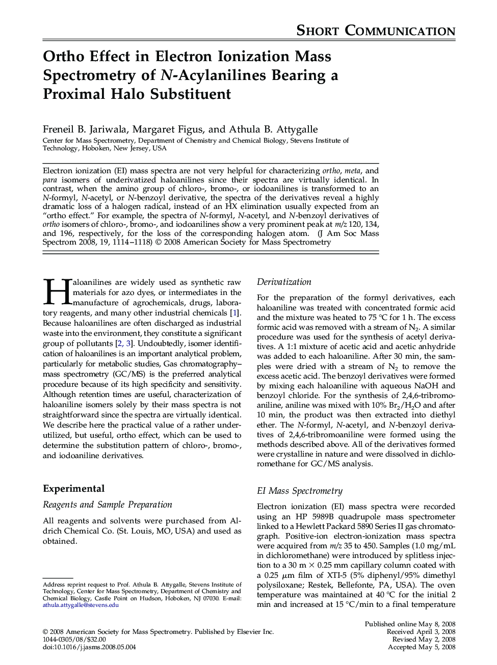 Ortho Effect in Electron Ionization Mass Spectrometry of N-Acylanilines Bearing a Proximal Halo Substituent 
