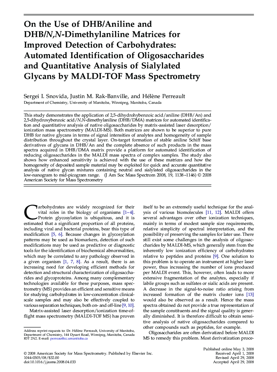 On the Use of DHB/Aniline and DHB/N,N-Dimethylaniline Matrices for Improved Detection of Carbohydrates: Automated Identification of Oligosaccharides and Quantitative Analysis of Sialylated Glycans by MALDI-TOF Mass Spectrometry 