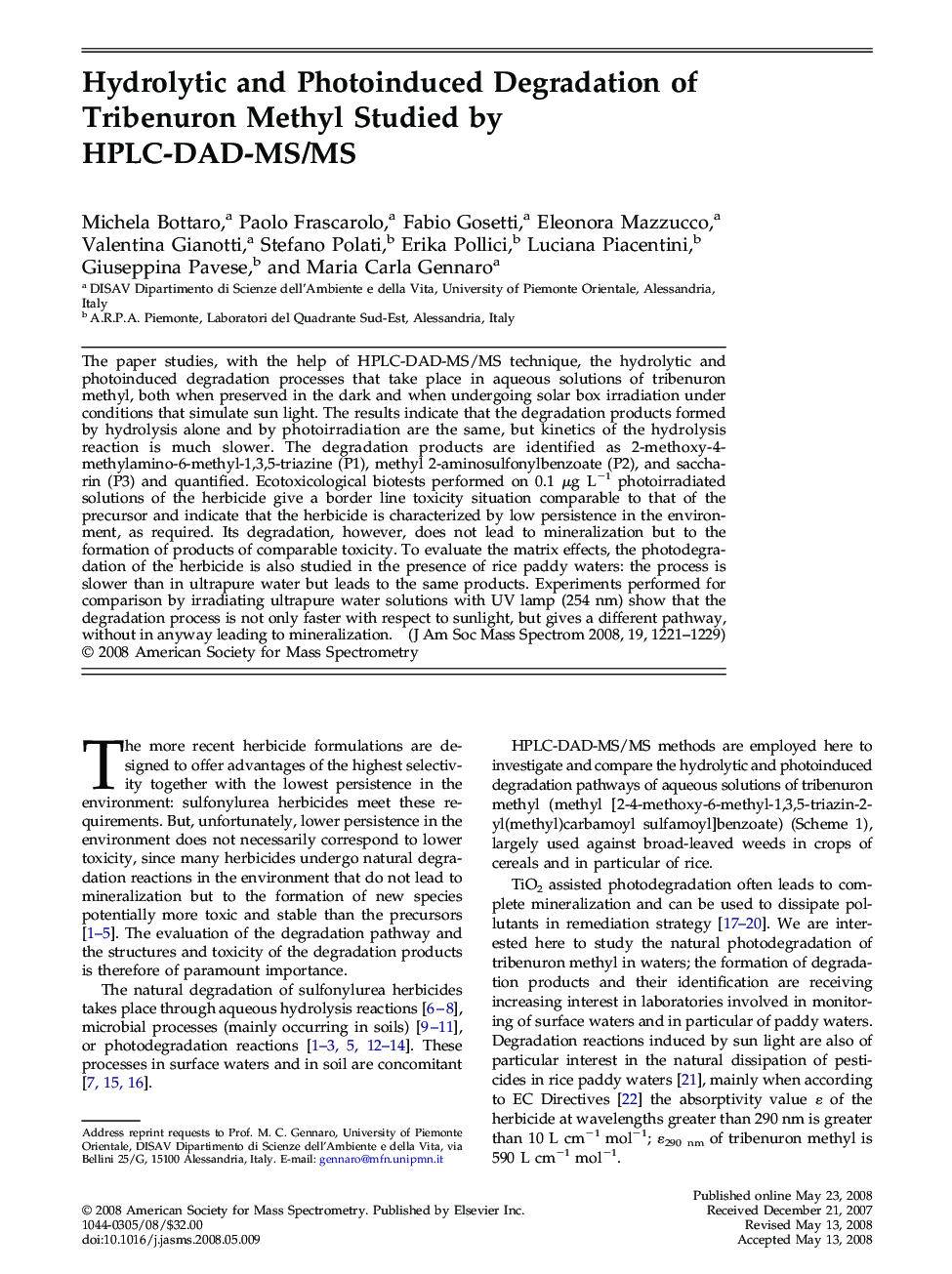 Hydrolytic and Photoinduced Degradation of Tribenuron Methyl Studied by HPLC-DAD-MS/MS 