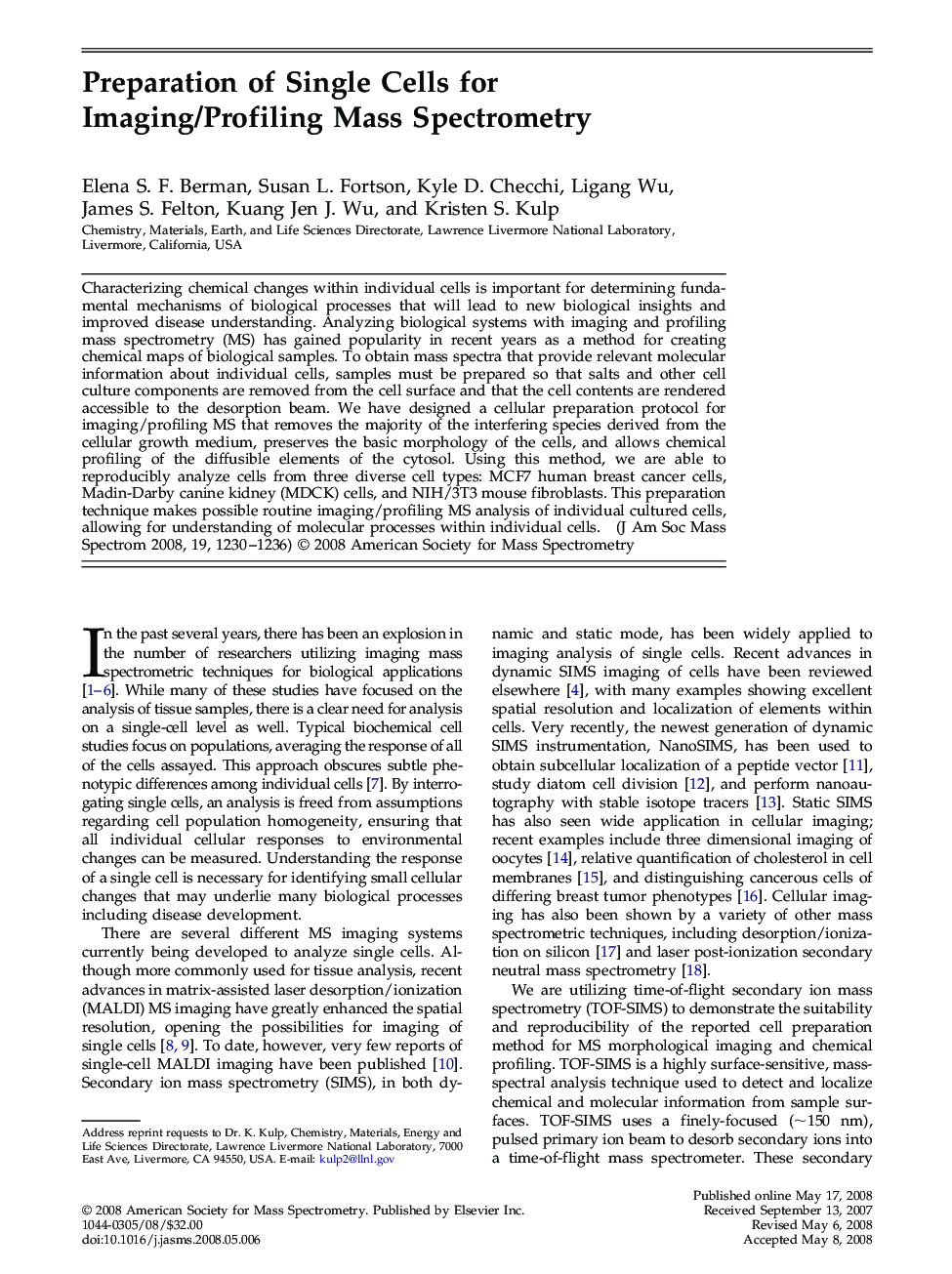 Preparation of Single Cells for Imaging/Profiling Mass Spectrometry 